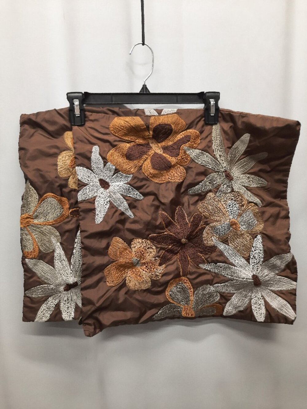 Pier 1 Imports Vintage Embroidered Floral Throw Pillow Cover Set 2 Brown Satin